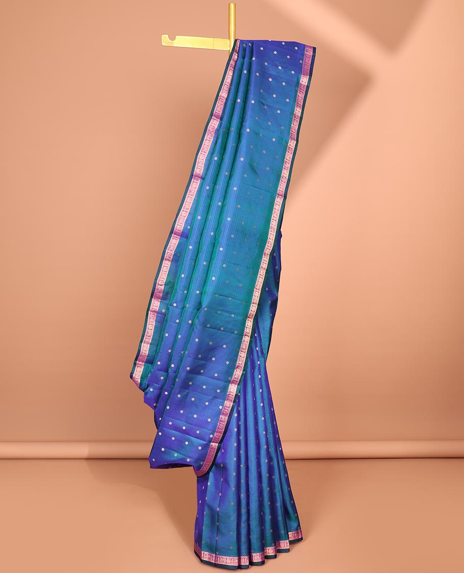 Borderless blue zari buttas and paisleys soft silk saree, zari woven pallu of intricate designs