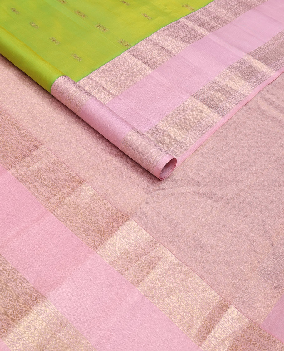 Parrot green meena buttas silk saree, contrast pink rettai pettu border of thilakam mokku,banaras,muthu,kathir & kodi visiry