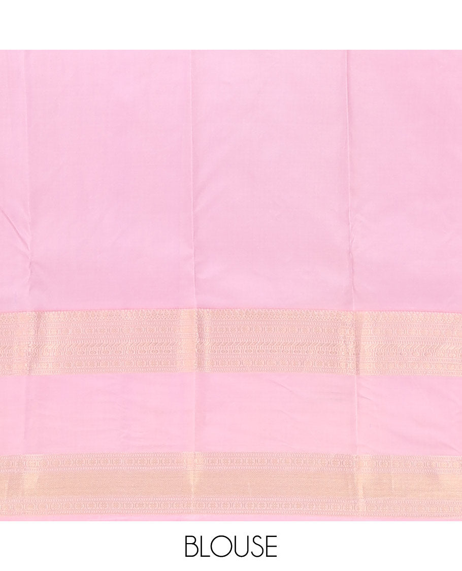 Parrot green meena buttas silk saree, contrast pink rettai pettu border of thilakam mokku,banaras,muthu,kathir & kodi visiry