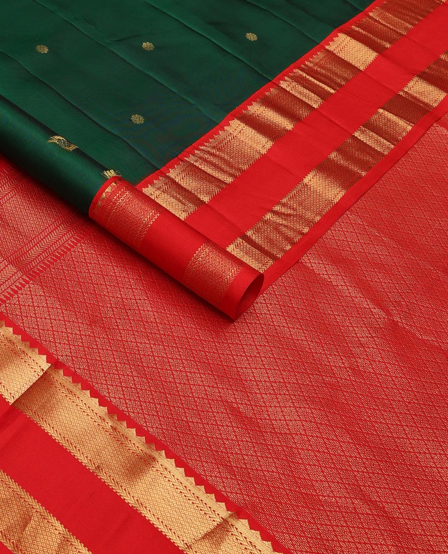 Green zari buttas silk saree, contrast rettai pettu border of rekku,kathir & mayil kann designs & zari-rich jaal pallu