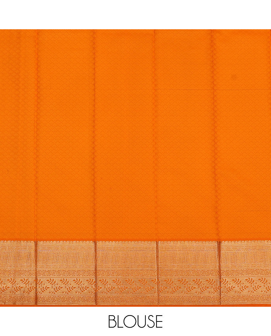 Purple Kanchipuram Wedding Silk Saree Decked Up with Geometric Patterns Jacquard on Its Body, Complemented by Contrast Traditional Zari Border of Leaf Vine Designs, Grandly Woven Pallu, and Paired with a Contrast Blouse