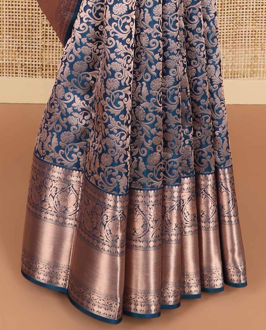 Blue floral jacquard kancheepuram silk saree with self border of muthu, banaras, paun design & zari design pallu