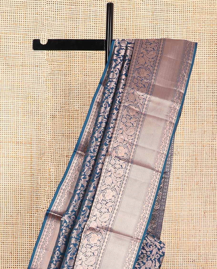 Blue floral jacquard kancheepuram silk saree with self border of muthu, banaras, paun design & zari design pallu
