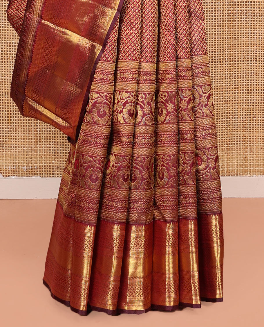 Maroon Kanchipuram Wedding Silk Saree, Gracefully Embellished with Floral Creeper Jacquard Design on Its Body, Highlighted by Zari Border of Rekku, Muthu, Neli, Zari Strips, and Jaal Designs, Grand Pallu, and Paired with a Matching Blouse