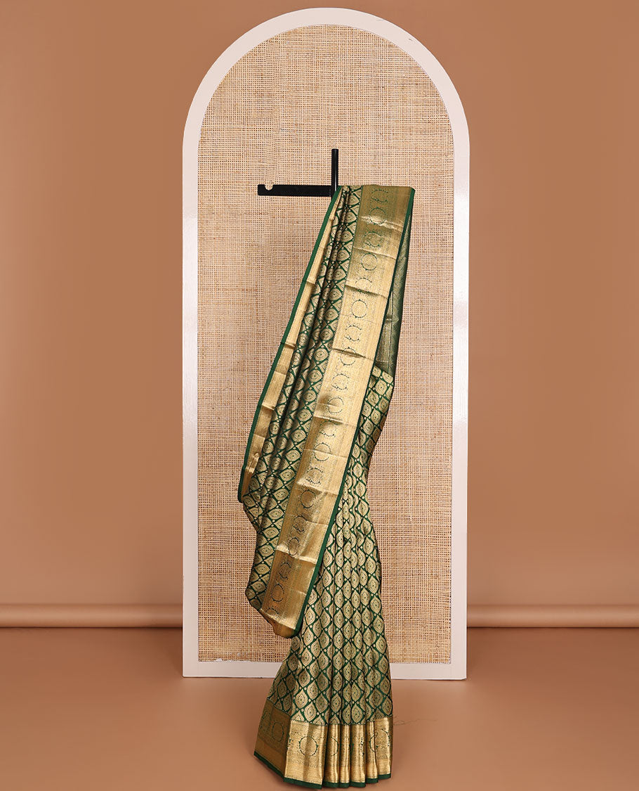 Green jacquard wedding silk saree, zari border of thilakam,kathir,poun,kamalam, chakram & manga & geometric patterned pallu