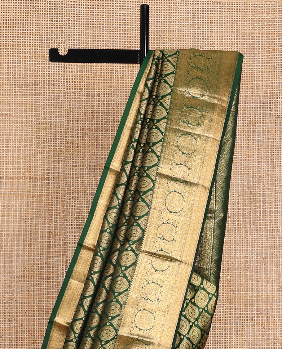 Green jacquard wedding silk saree, zari border of thilakam,kathir,poun,kamalam, chakram & manga & geometric patterned pallu