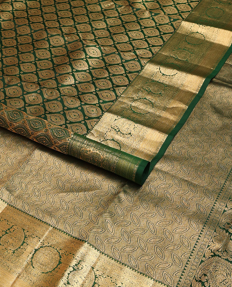 Green jacquard wedding silk saree, zari border of thilakam,kathir,poun,kamalam, chakram & manga & geometric patterned pallu