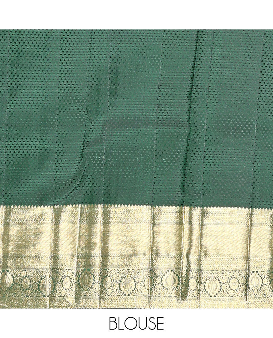 Green jacquard kanchipuram silk saree, zari border of thilakam, greek key, and kodi visiry designs, and intricate pallu