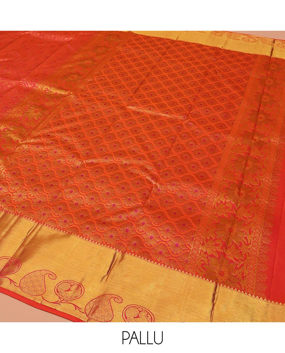 Orange Kanchipuram Wedding Silk Saree, Entralled with Jacquard Design On Its Body, Highlighted by Manga and Mayil Designs, Ogee Patterned Pallu and Paired with a Matching Blouse