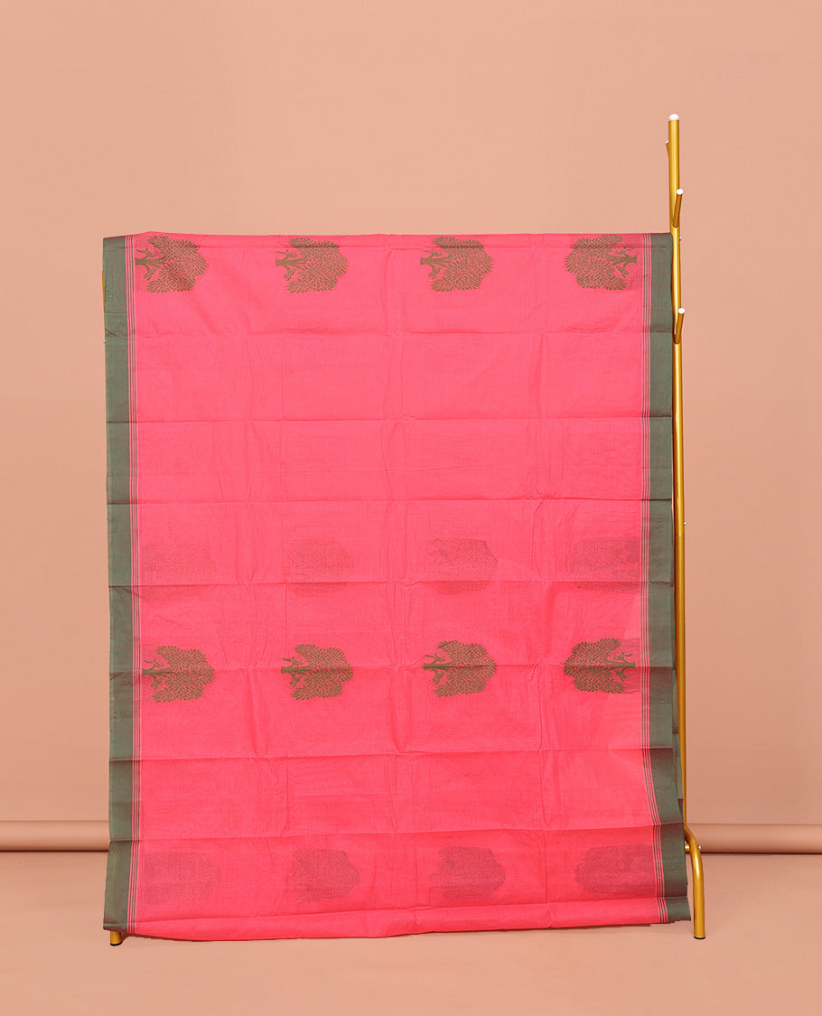 Red Kanchi Cotton Saree, Decked Up with Tree Motifs All Over Its Body, Complemented by Contrast Border, Pallu of Stripes and Flower-vase Motifs , and Paired with a Matching Blouse