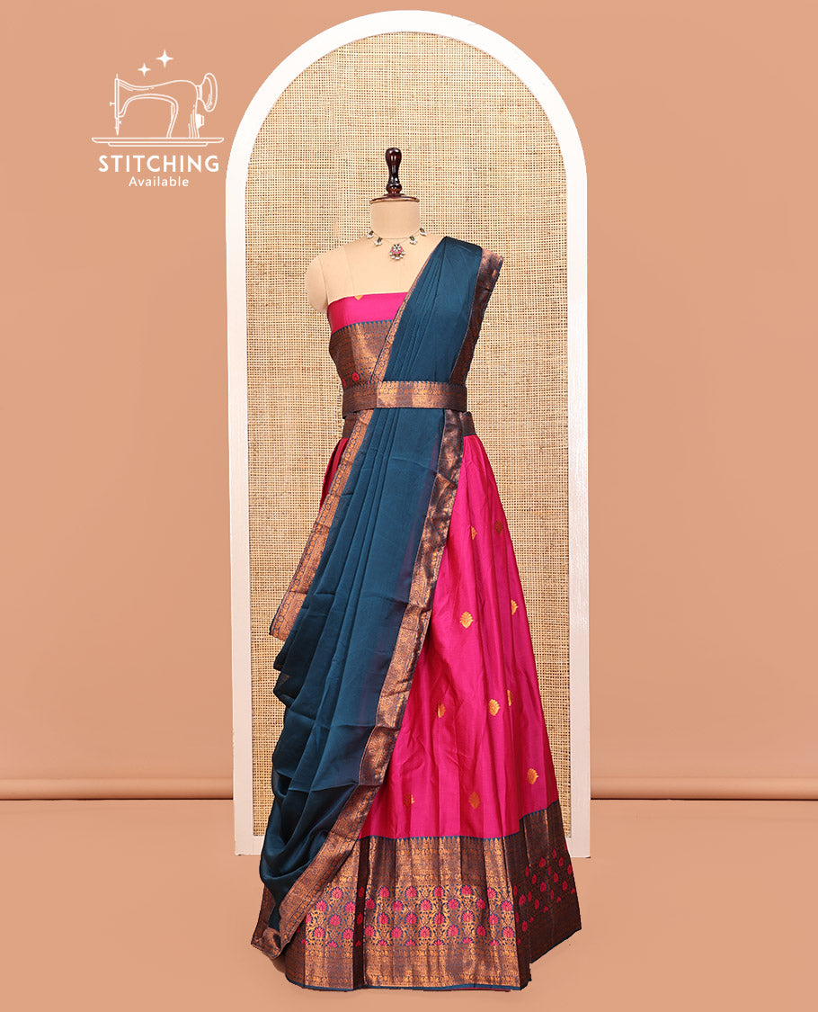 Pink Art Silk Half Saree Features Buttas Skirt, Complemented by Contrast Traditional Border, Matching Blouse, and a Plain Zari-Bordered Dhavani