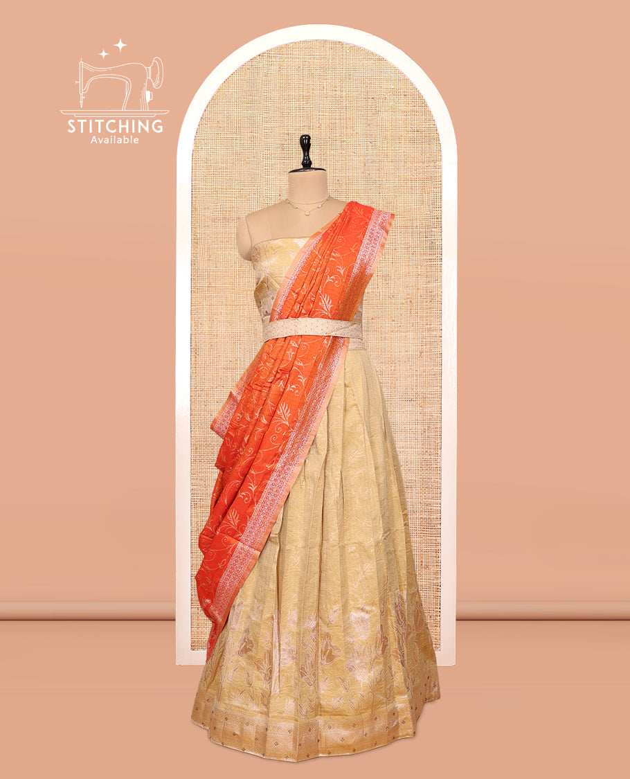 Sandal-Orange Banarasi Half-Saree Features Floral Vine Design Skirt, a Self-Border, a Matching Blouse, and a Contrast Floral Vine Dhavani