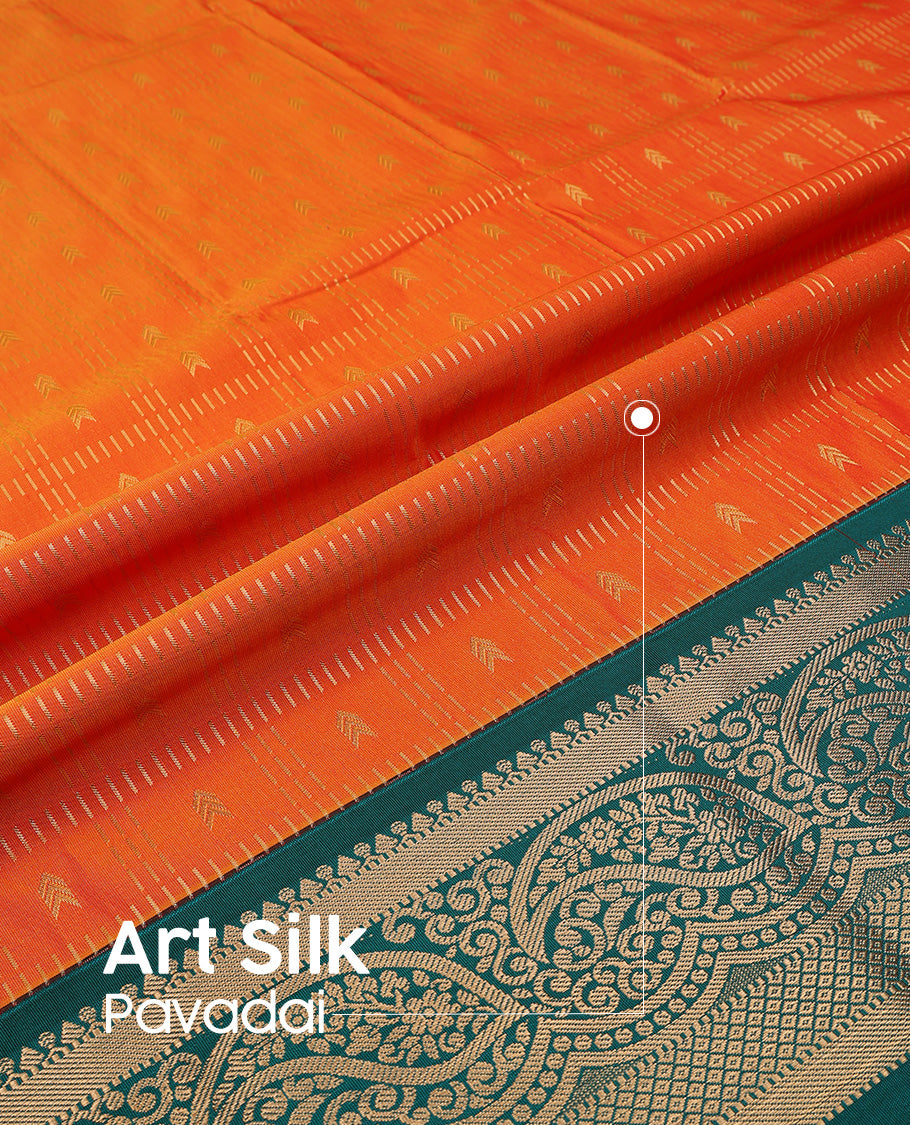 Orange art silk pavadai set, zari design with contrast traditional zari bordered skirt and a contrast zari border blouse
