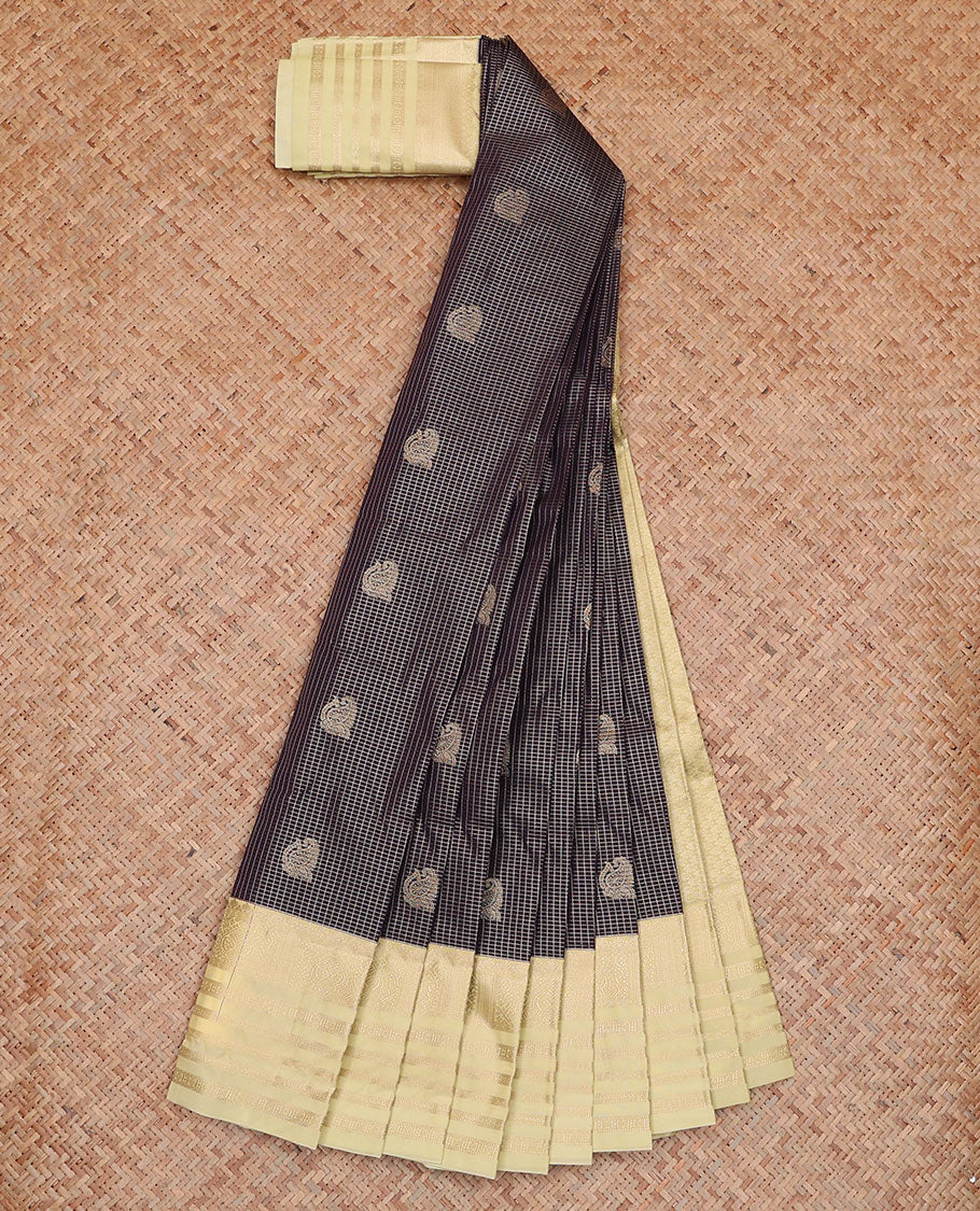 Blue Budget Silk Saree Features Zari Buttas and Micro-Checks, Complemented by a Contrast Traditional Zari Border, Intricately Zari-Designed Pallu of Jaal Design, and a Contrast Zari-Bordered Blouse