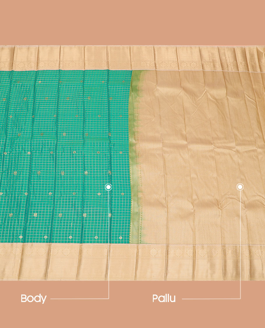 Green Budget Silk Saree Embellished with Peacock Chakram Buttas and Micro-Checks, Complemented by a Contrast Traditional Zari Motifs Woven Border, Subtle Pallu, and Paired with a Contrast Blouse