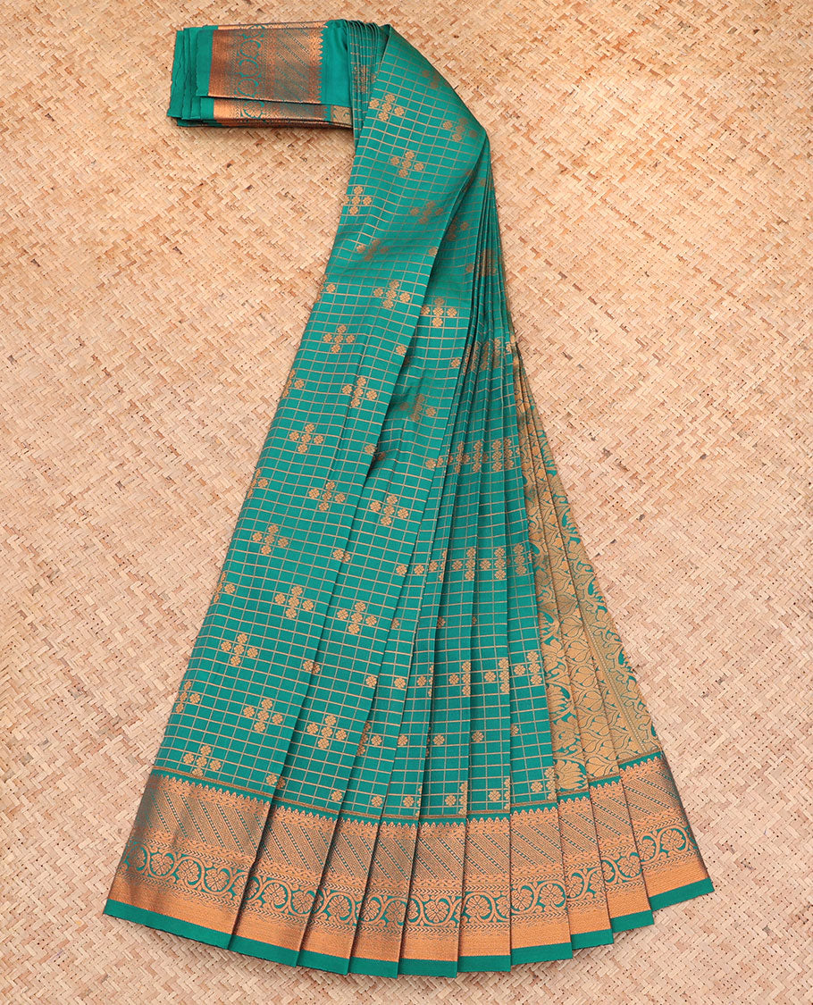 Dark Green Budget Silk Saree, Graced with Zari Buttas and Checks All Over Its Body, Highlighted by a Traditional Zari Design Border, Grand Pallu, and Paired with a Matching Blouse