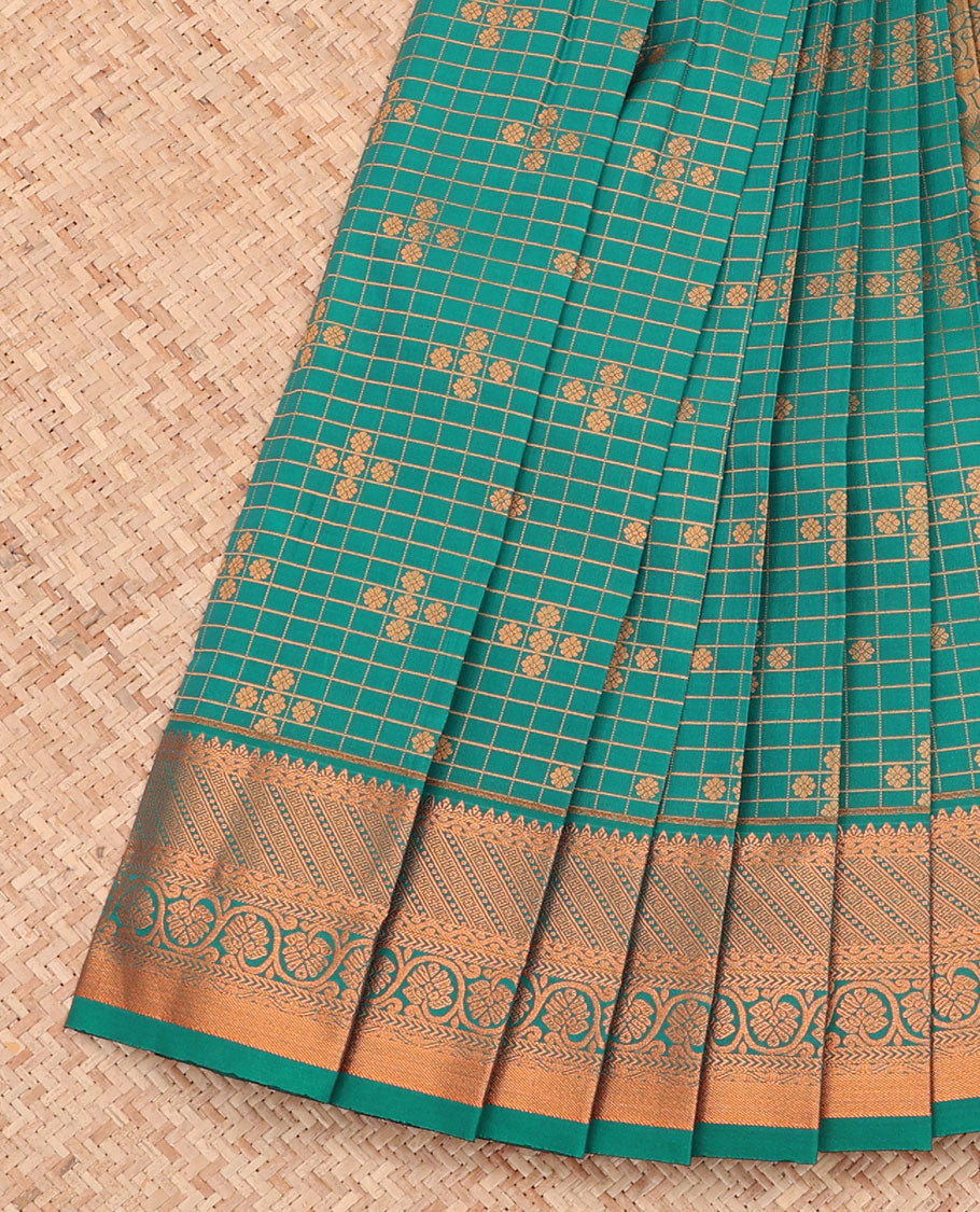 Dark Green Budget Silk Saree, Graced with Zari Buttas and Checks All Over Its Body, Highlighted by a Traditional Zari Design Border, Grand Pallu, and Paired with a Matching Blouse