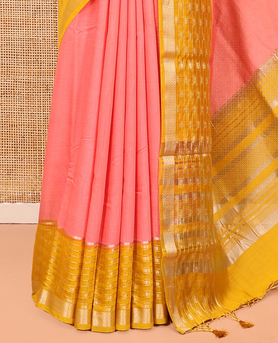 Pink Plain Assam Silk Saree, Complemented by a Contrast Traditional Design Border, Zari-Design Pallu, and a Contrast Blouse