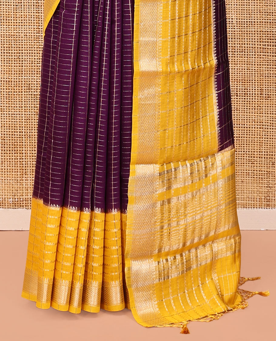 Purple Assam Silk Saree, Richly Detailed with Zari Checks, Complemented by a Contrast Traditional Zari Border, Zari Striped Pallu, and a Contrast Blouse