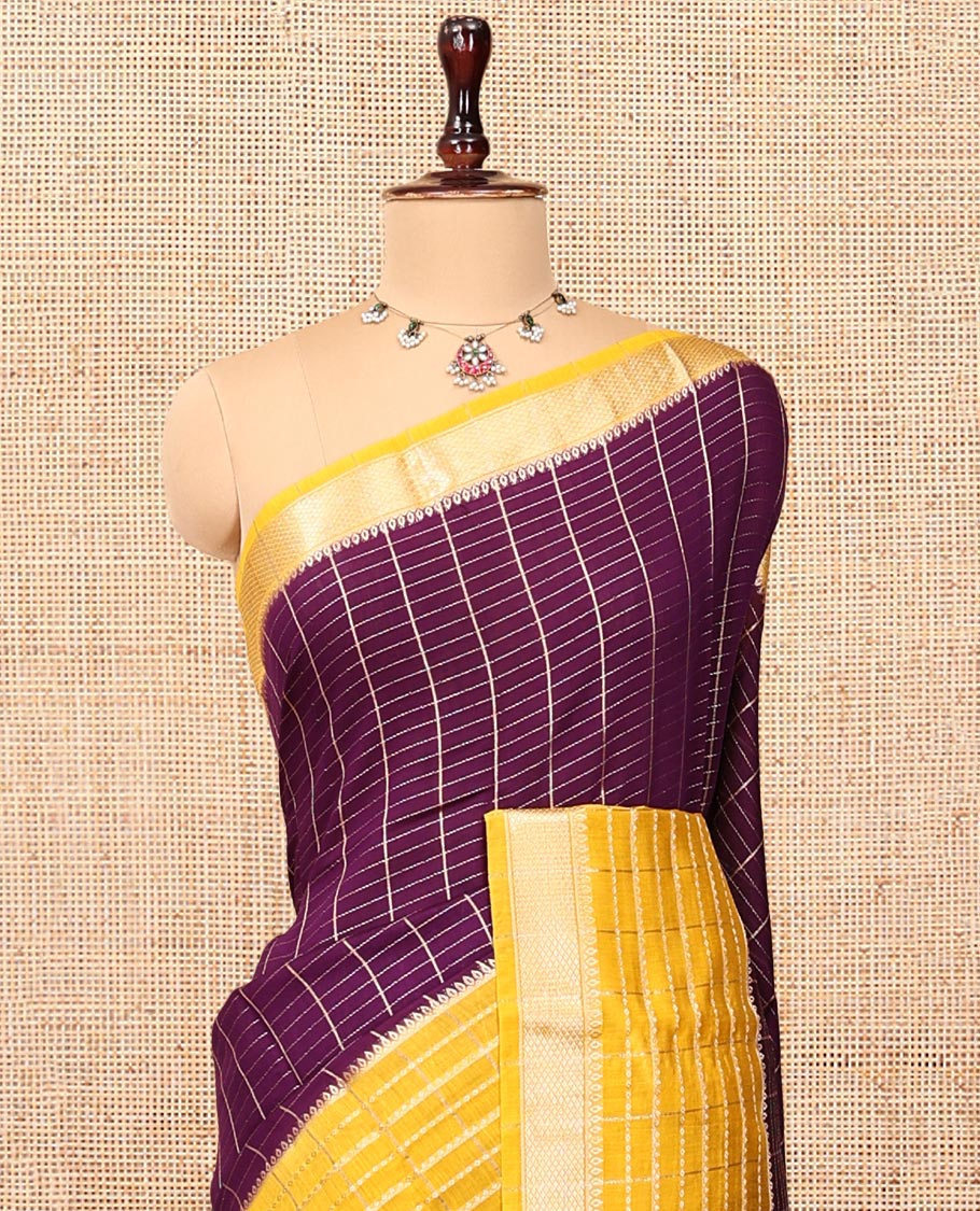 Purple Assam Silk Saree, Richly Detailed with Zari Checks, Complemented by a Contrast Traditional Zari Border, Zari Striped Pallu, and a Contrast Blouse