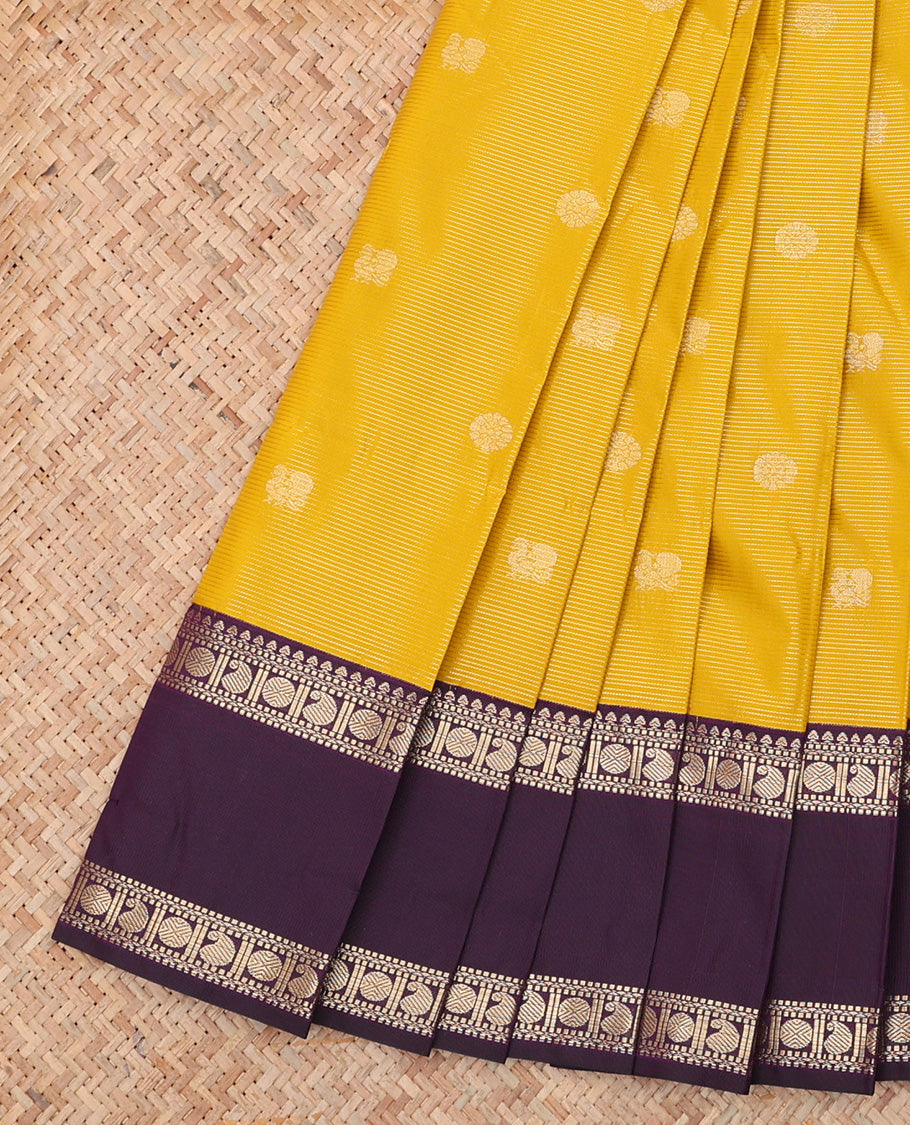 Yellow Budget Silk Saree, Sparsely Woven with Peacock-Chakram Buttas and Stripes, a Contrast Traditional Zari Rettai Pettu Border, Grand Pallu, and a Contrast Blouse