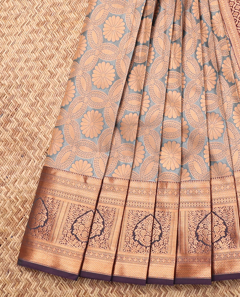 Grey Budget Silk Saree, Enriched with Jacquard, Complemented by Contrast Paisley Zari Border, Grand Jaal Pallu, and a Contrast Blouse