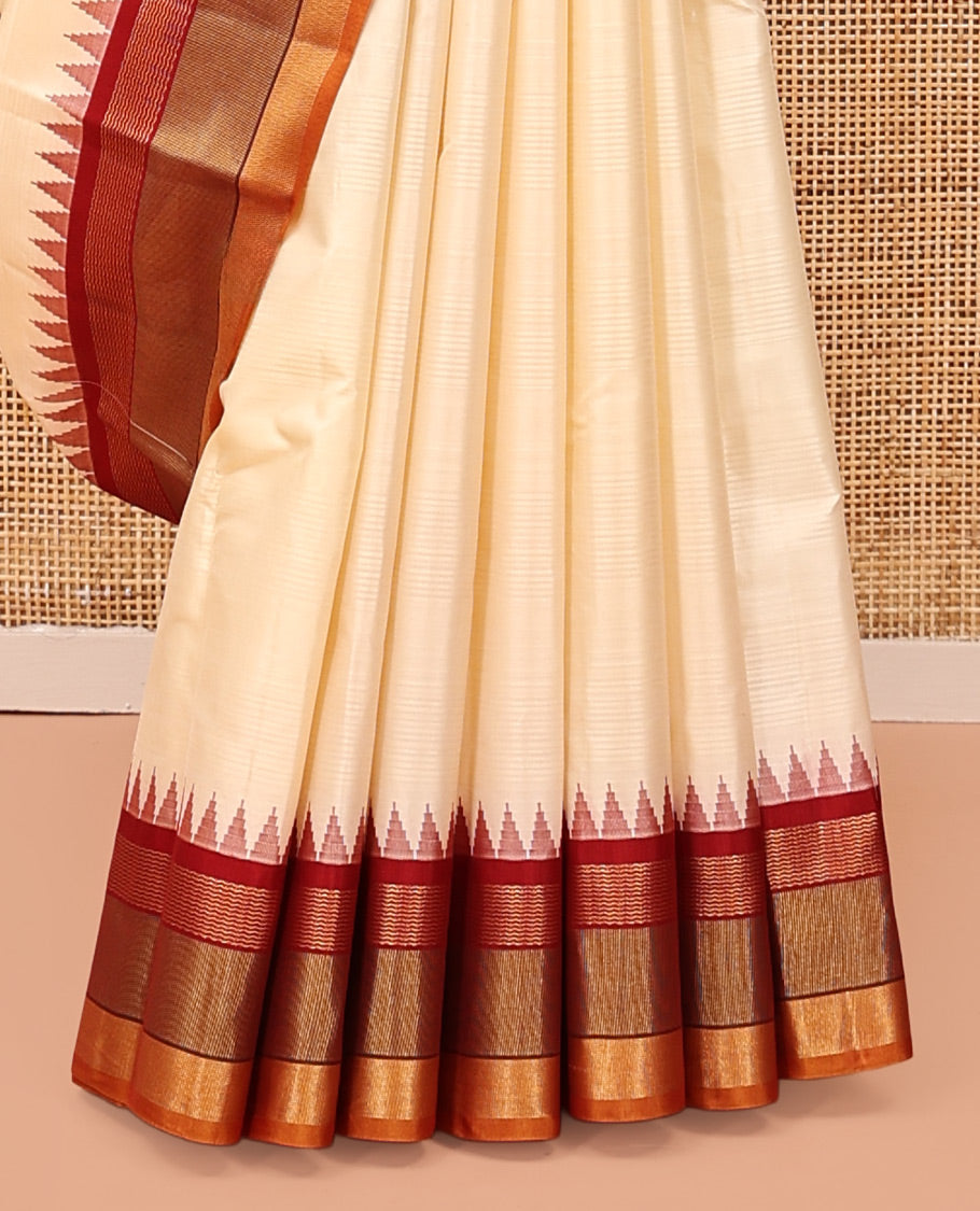Cream-Striped Bangalore Silk Saree, Complemented by a Contrast Temple Geometric Border, Pallu of Temple and Neli Designs, and a Contrast Blouse