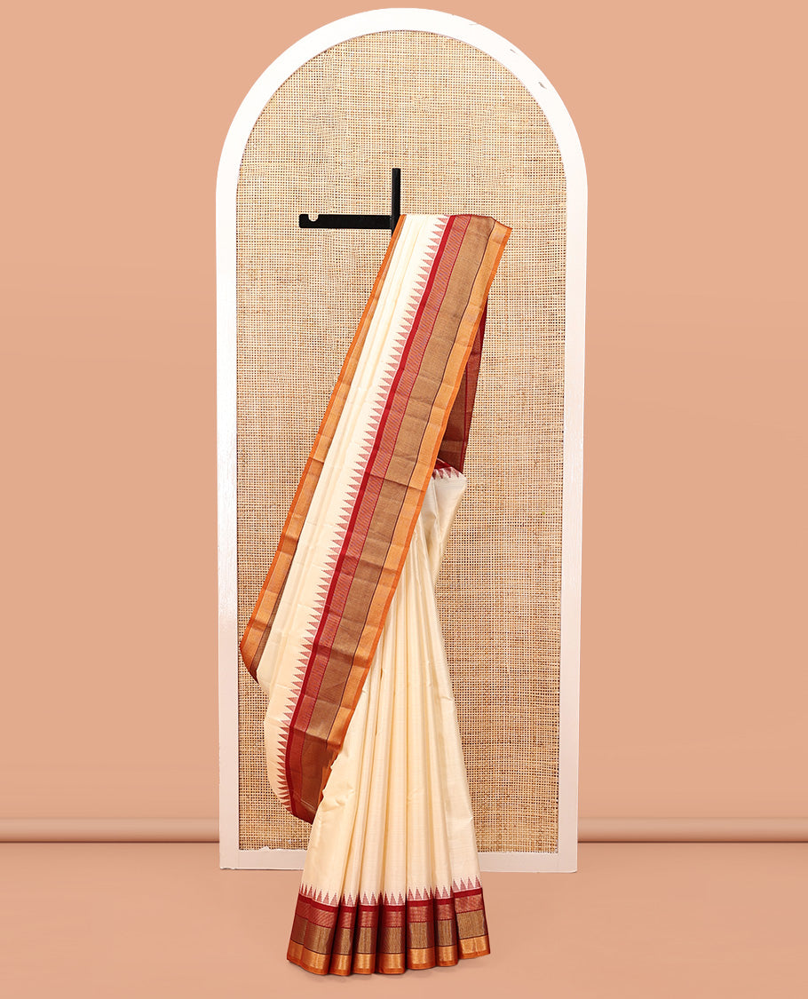 Cream-Striped Bangalore Silk Saree, Complemented by a Contrast Temple Geometric Border, Pallu of Temple and Neli Designs, and a Contrast Blouse