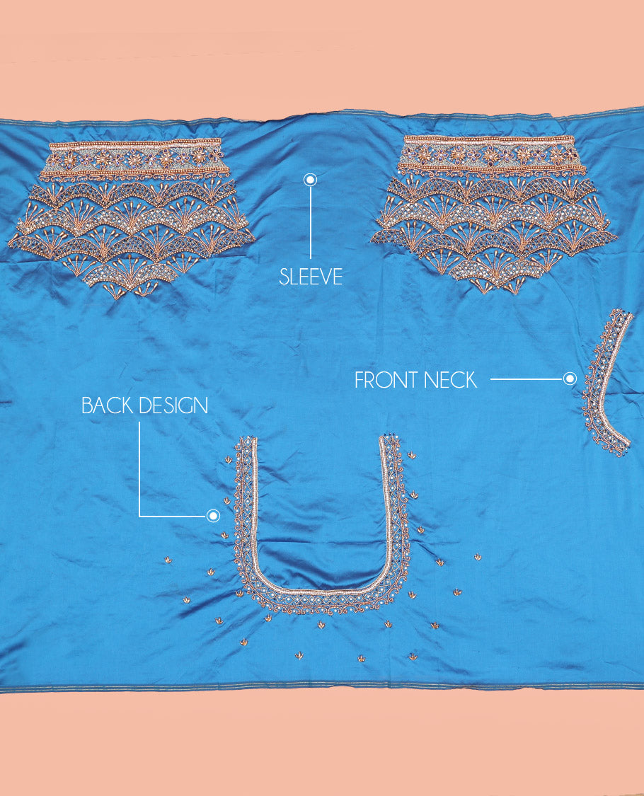 Blue Aari Material Blouse Adorned with Scallop Designs in Sugar Bead and Zarkan Stone Mixed Embroidery