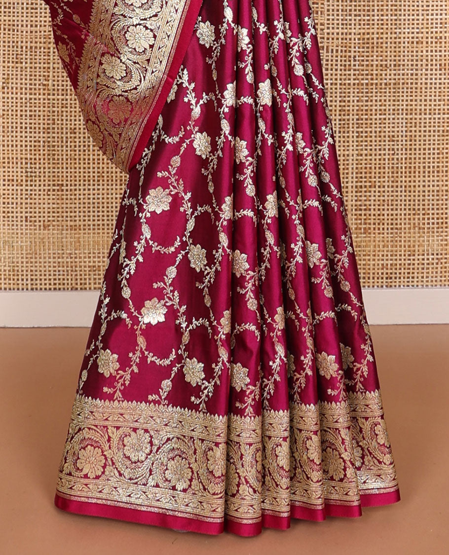 Purple floral jaal design semi banaras nylon saree with self floral zari design border & floral design pallu