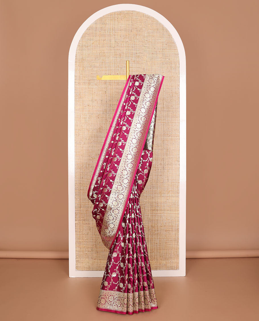 Purple floral jaal design semi banaras nylon saree with self floral zari design border & floral design pallu