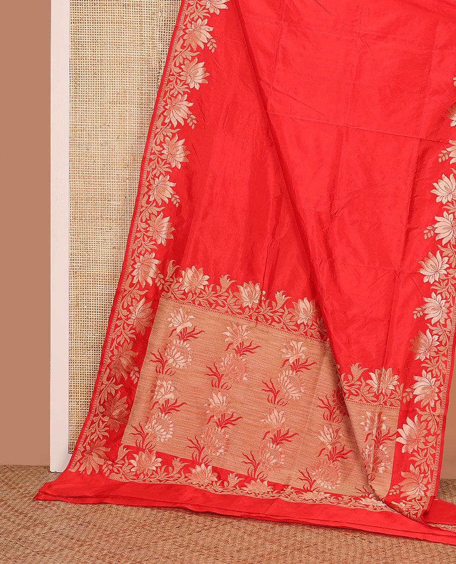Red plain kathan silk saree, lotus floral creeper border, and lotus floral design pallu
