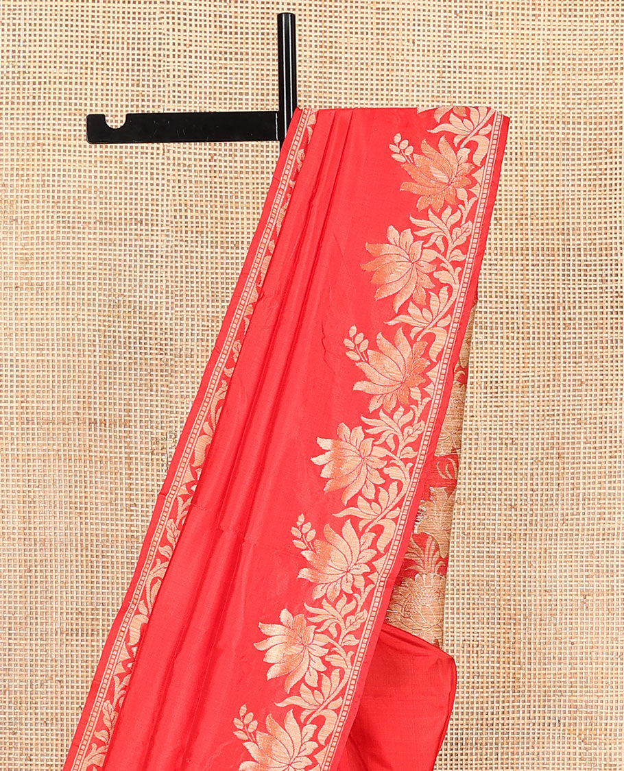 Red plain kathan silk saree, lotus floral creeper border, and lotus floral design pallu