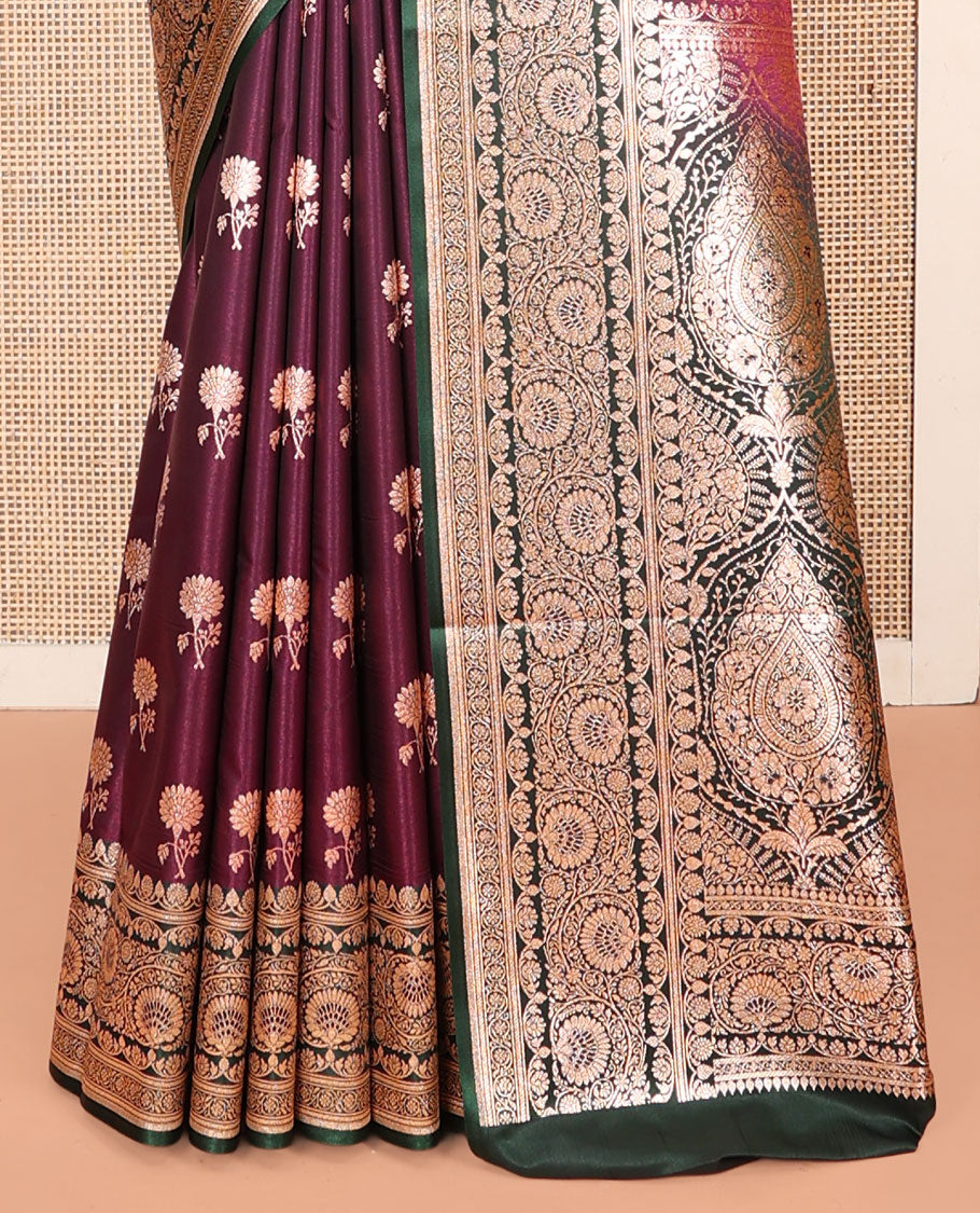 Purple Banarasi Nylon Saree, Ornamented with Floral Buttas, Contrast Floral Creeper Zari Border, Intricate Pallu, and a Contrast Blouse