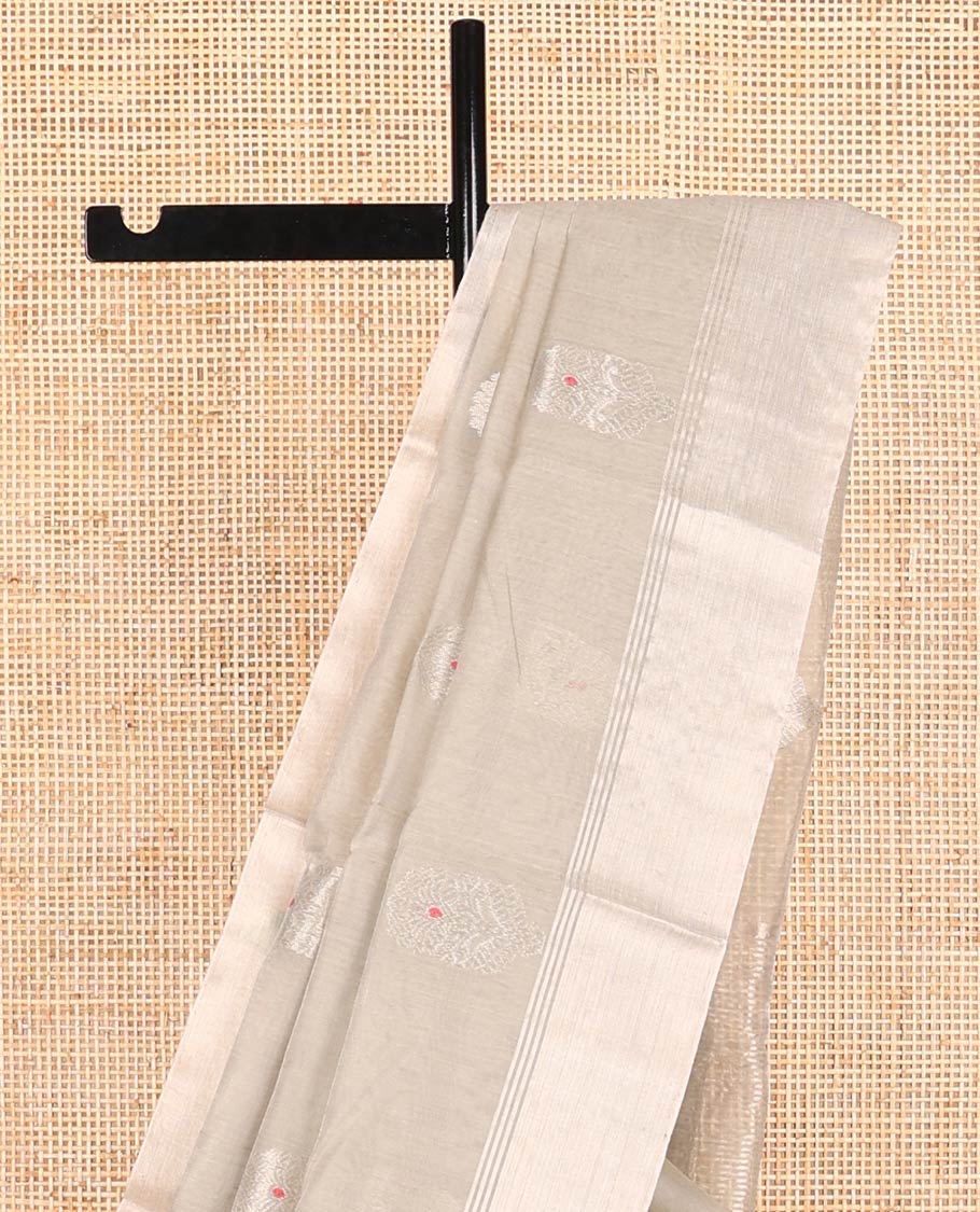 Grey motifs chanderi cotton saree with contrast border & striped pallu