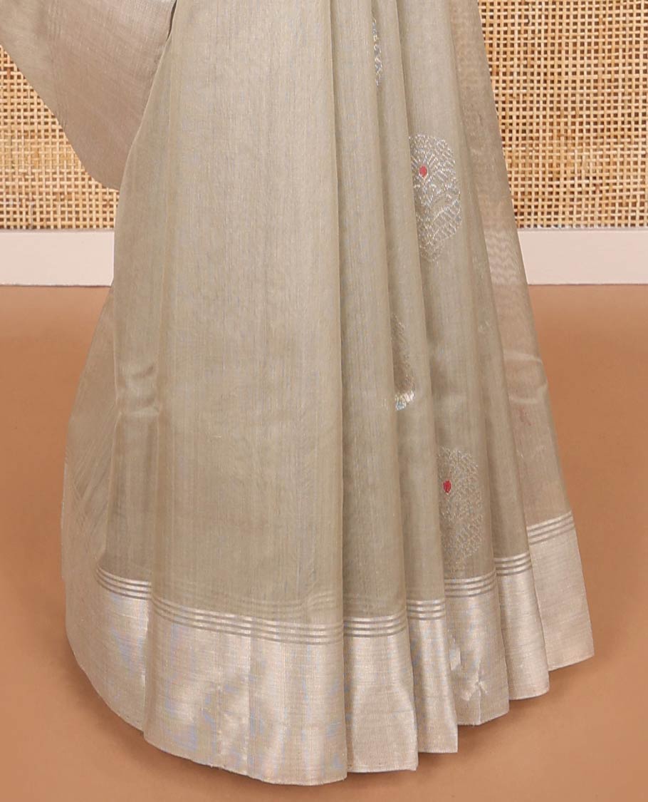 Grey motifs chanderi cotton saree with contrast border & striped pallu