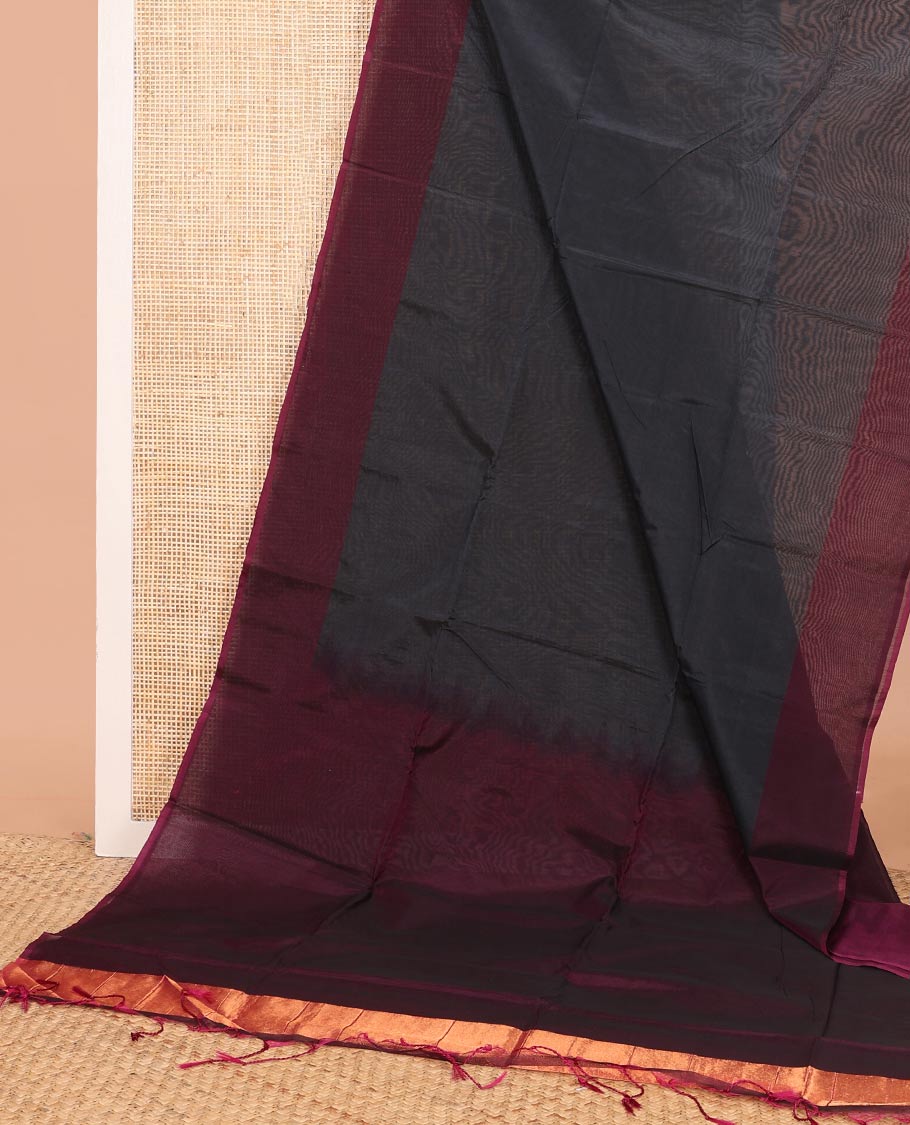 Elephant grey plain semi-silk cotton saree, contrast plain border, and pallu