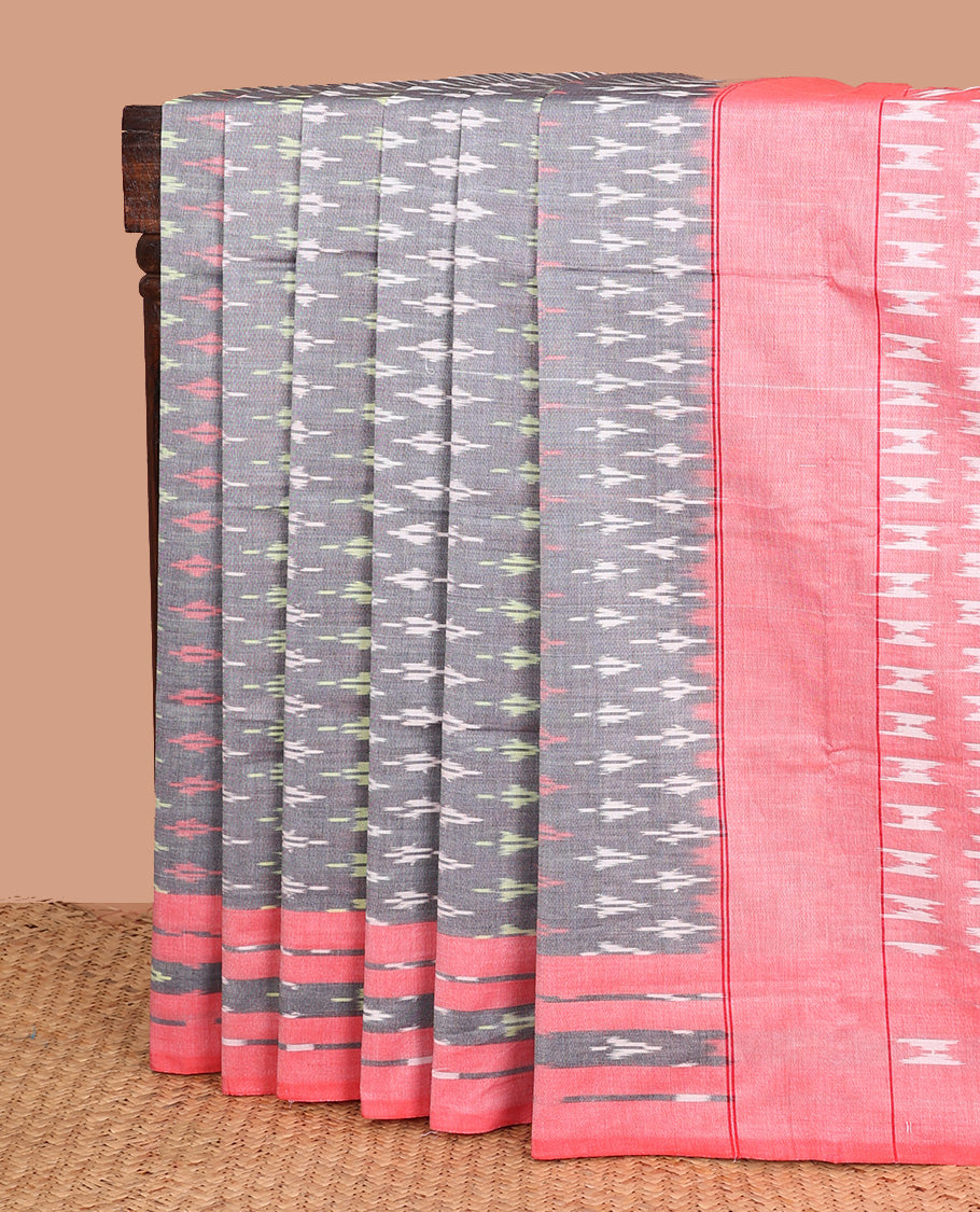 Grey unique buttas woven ikkat cotton saree, contrast ikkat buttas woven border, and pallu of buttas