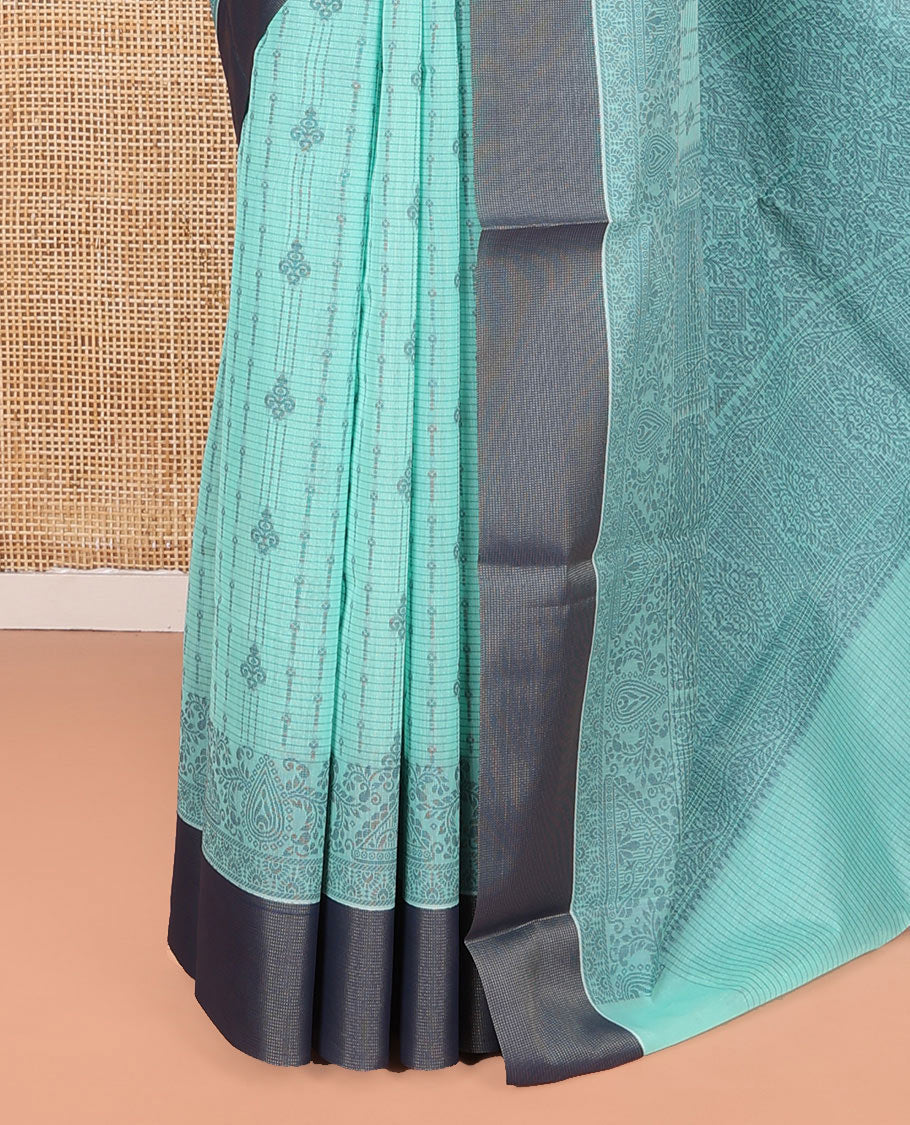 Blue Semi-Silk Cotton Saree, Adorned with Stripes and Buttas All Over Its Body, Complemented by Contrast Border, Pallu of Intricate Designs, and Paired with a Matching Blouse