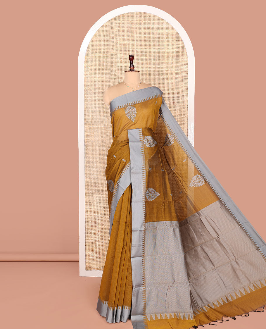 Mustard Semi-Silk Cotton Saree, Woven with Buttas on Its Body, Complemented by Contrast Temple Border, Pallu Steeped with Stripes Designs, and Paired with a Matching Blouse