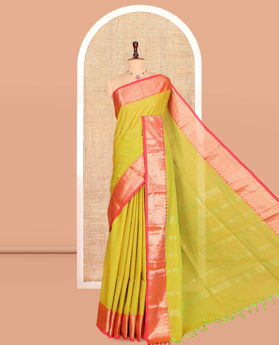Green Plain Chettinad Cotton Saree, Complemented by a Contrast Traditional Zari Border, Striped Pallu, and a Matching Blouse