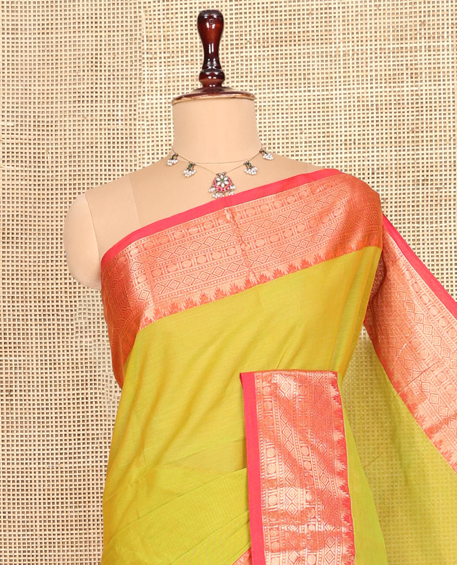 Green Plain Chettinad Cotton Saree, Complemented by a Contrast Traditional Zari Border, Striped Pallu, and a Matching Blouse