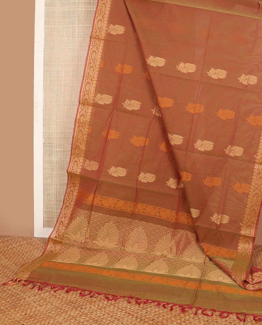 Orange floral buttas Combatiore cotton saree, floral creeper design border & floral-design pallu