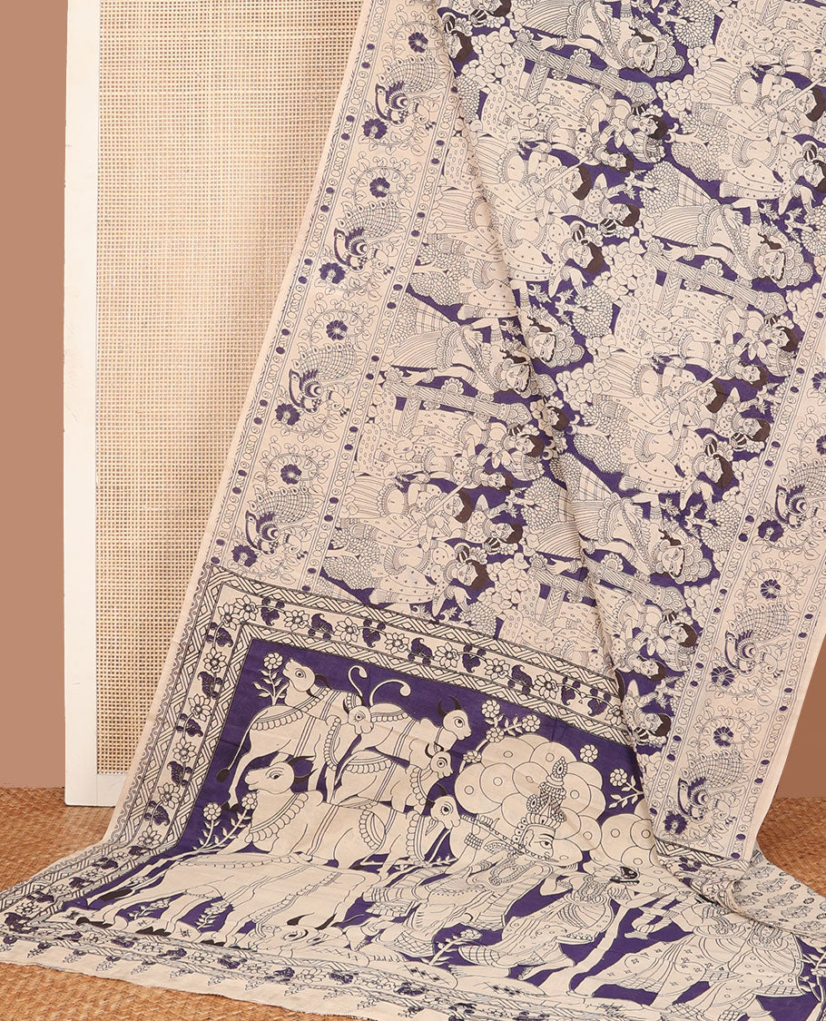 Ink blue human motifs machine-printed kalamkari cotton saree, peacock printed border & pallu of Pichwai cow & Radha Krishna print
