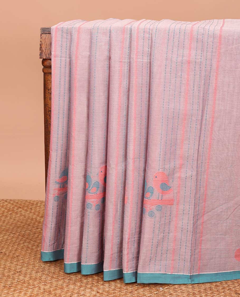 Pink dotted striped with bird buttas Coimbatore cotton saree, contrast plain border, and pallu of bird motifs