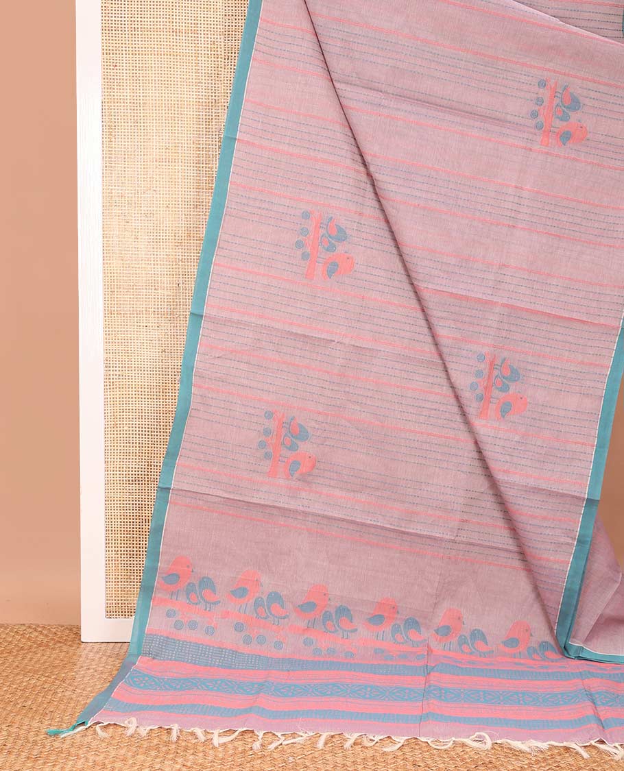 Pink dotted striped with bird buttas Coimbatore cotton saree, contrast plain border, and pallu of bird motifs