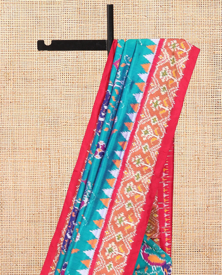 Blue Flora-Fauna Buttas Pochampally Ikat Saree, Contrast Border