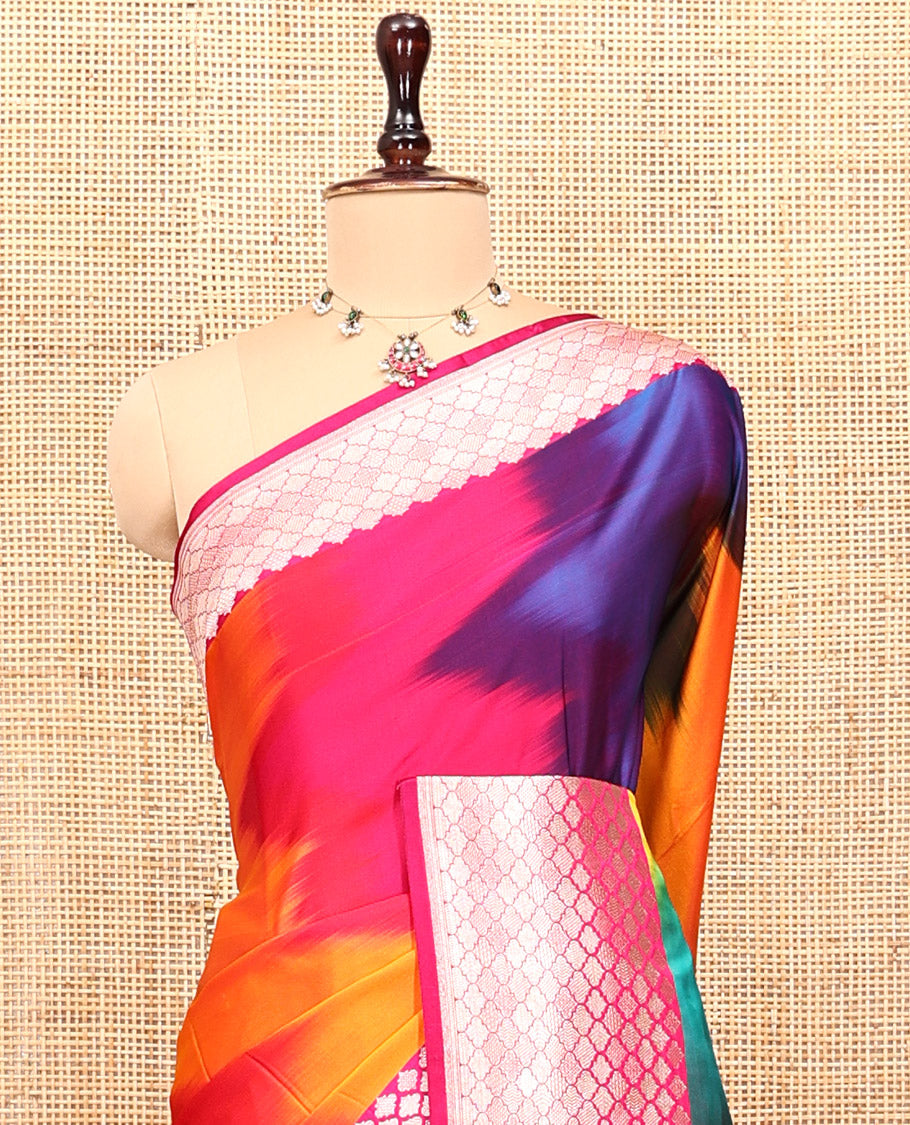 Pink-Multi-Color Mushru Silk Saree with Pochampally Weave, a Contrast Ogee Border, Grand Ogee-Patterned Pallu, and Contrast Blouse