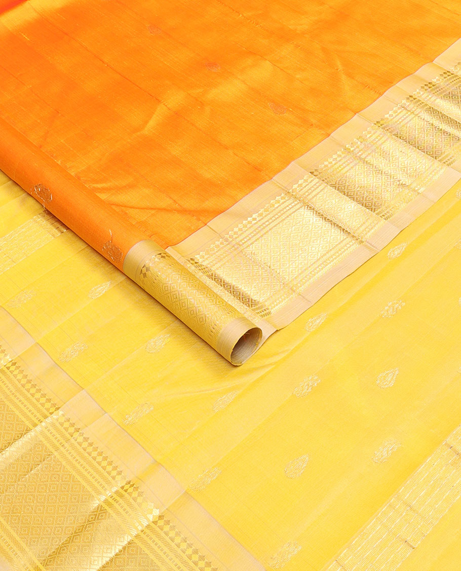 Yellow zari buttas kanchipuram silksaree, contrast one-sided border of paneer sombu,banaras,muthu & mayil kann & zari design pallu