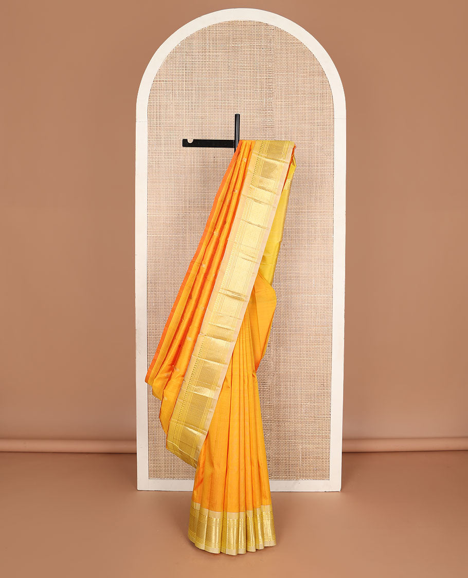 Yellow zari buttas kanchipuram silksaree, contrast one-sided border of paneer sombu,banaras,muthu & mayil kann & zari design pallu
